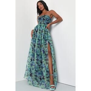 Lulus Wonderful Waltz Green Floral Print Strapless Bustier Maxi Dress Size XL